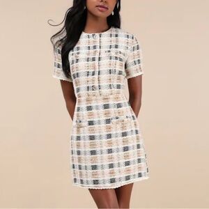 Uniquely Posh Beige Tweed Sequin Lurex Short Sleeve Mini Dress